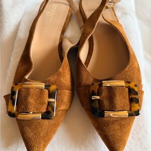 Riccardo Boccia Tan Suede Flats with Tortoise Buckle, 7.5